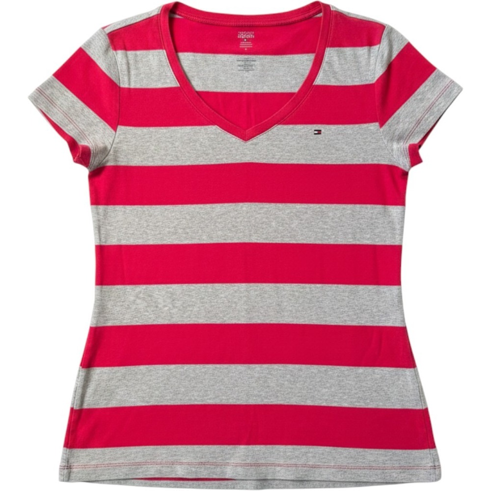 Tommy Hilfiger V-Neck Tee Medium Pink Grey Striped Short Sleeve Preppy 90s